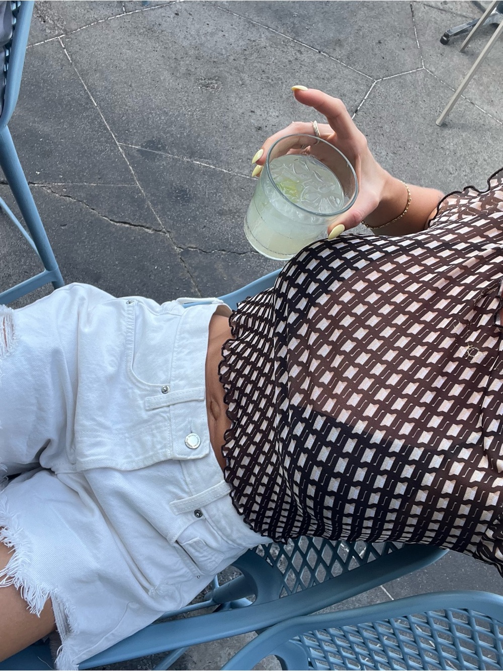 RESA - Sheer Black and Brown Grid Crop Top - Patterned Short Sleeve Worn Once